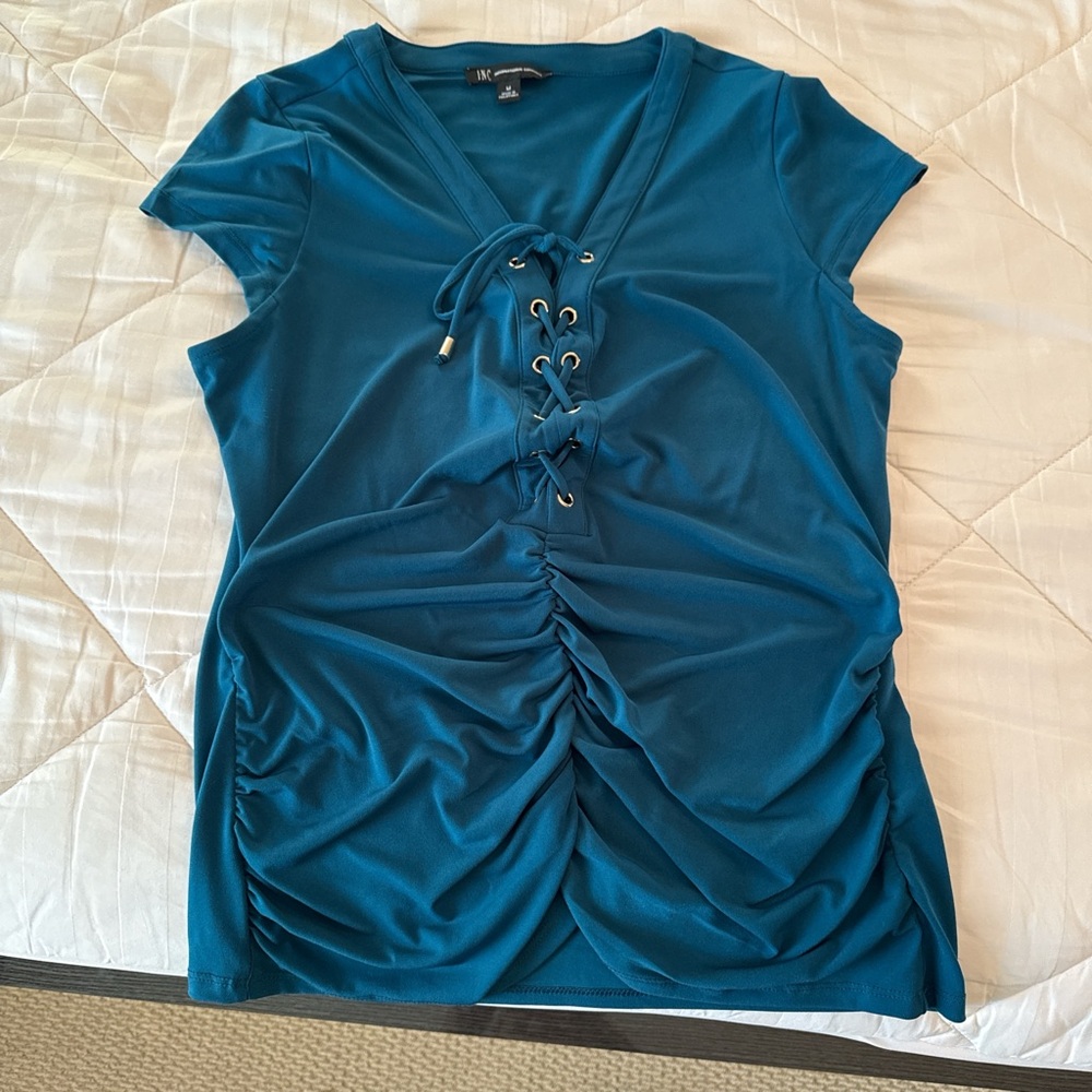 INC International Concepts Blue Lace-Up Short Sleeve Top
